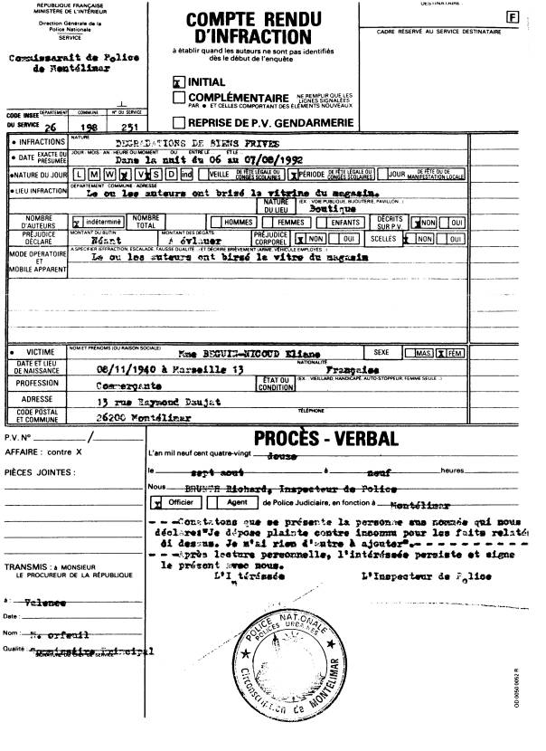 06-07 aoﾠ1992 cambriolage boutique - PV. Inspecteur Richard BRUNTH