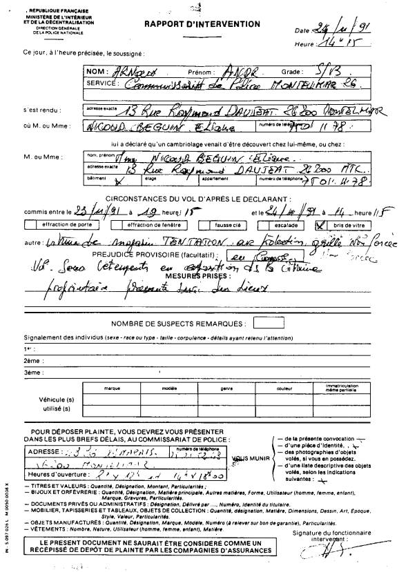 POLICE Inspecteur JEANTET Gilbert - Rapport d'intervention Arnaud Andrￓ/B.