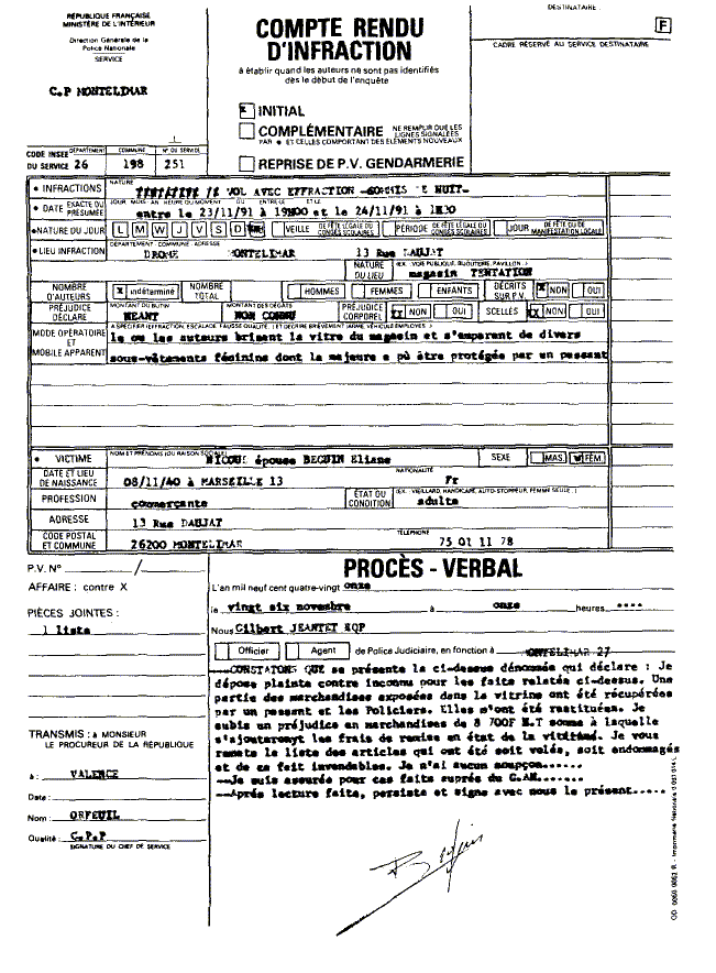 POLICE Inspecteur JEANTET Gilbert - Septi�me cambriolage � la Boutique ￍont￩mar