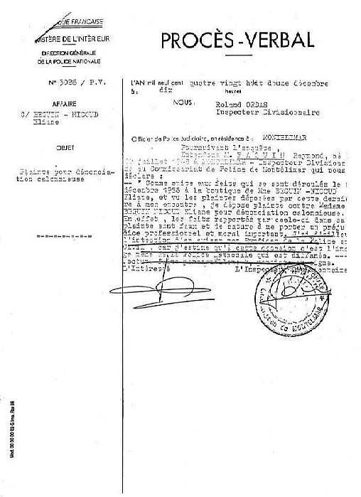 P.V de Roland ORDAS du 12 DEC. 1988, soit 4 jours apr￠mon agression dans ma boutique