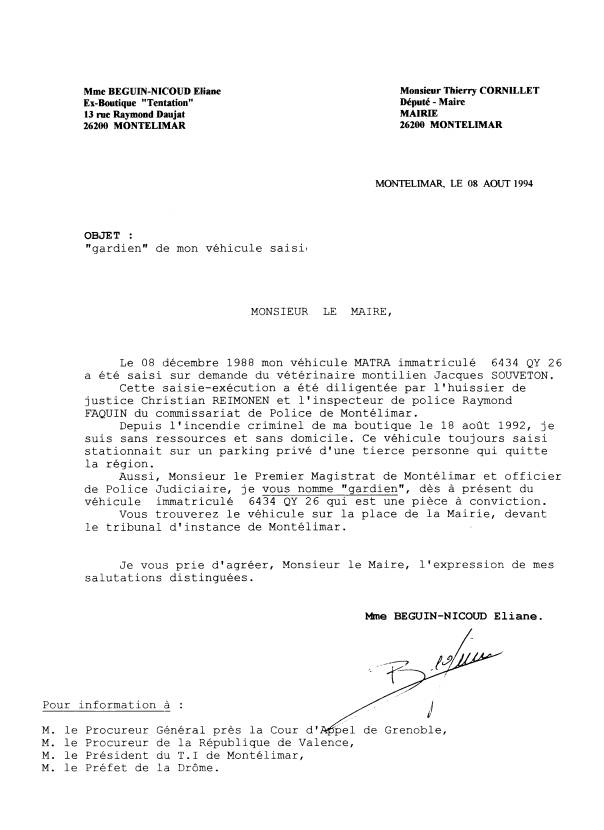 08 ao�t 1994 - Lettre a Thierry Cornillet maire de Mont�limar