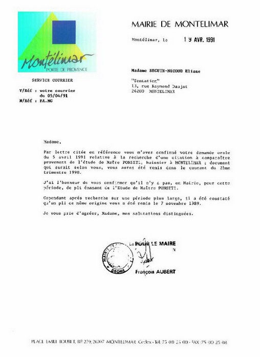 19 avril 1991 - R�ponse Maire de Mont�limar Thierry CORNILLET - Sign�e : Fran�ois AUBERT.