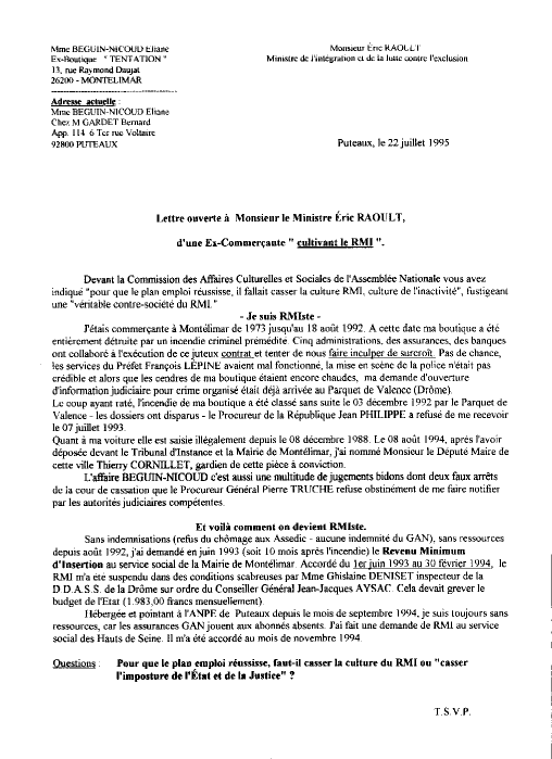 22 juillet 1995 - Lettre ouverte � �ric RAOULT Ministre de l'int�gration et de la lutte contre l'exclusion