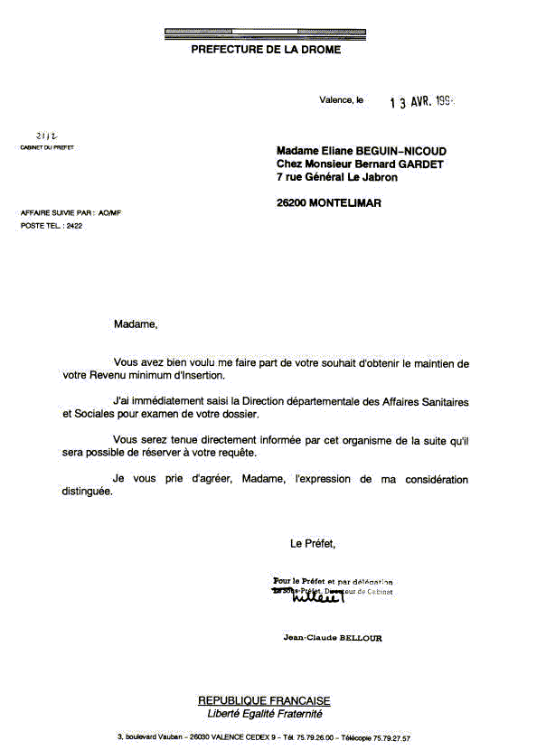 Cabinet/Pr�fet : Jean Claude BELLOUR.